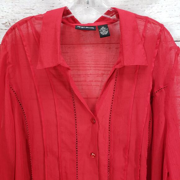 Maggie Barnes Red Sheer Ruffle Sleeve Pleated Light Textured Top Size 2X - Picture 4 of 13